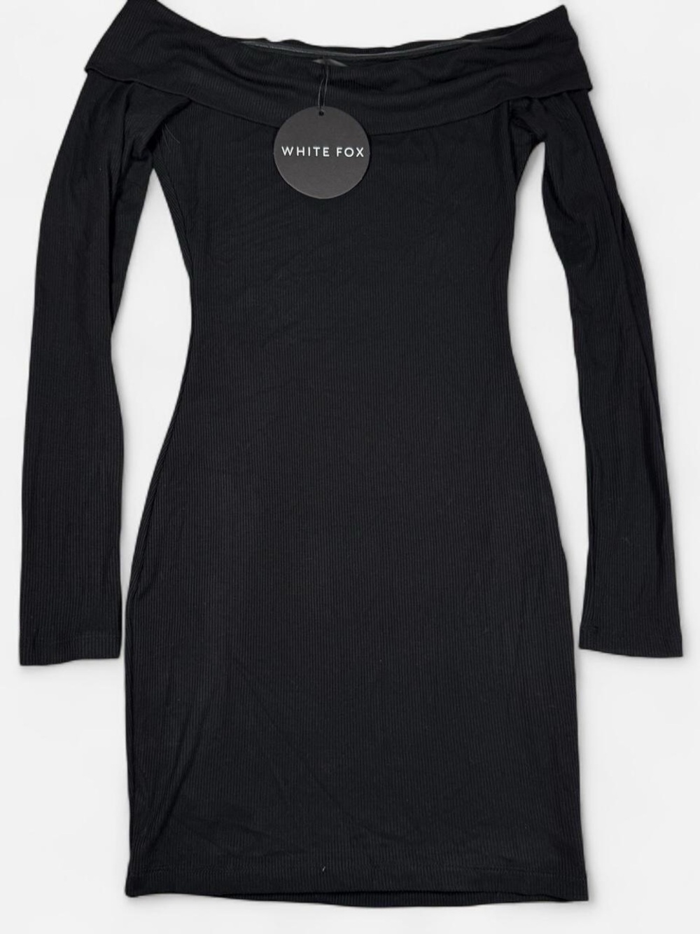 White Fox Boutique Black Off-the-Shoulder Ribbed Long Sleeve Dress